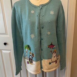 Festive Blue Cardigan with Snowman and Penguin Design